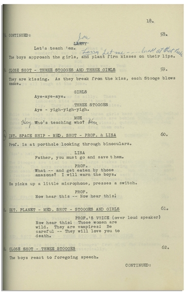 Moe Howard's 24pp. Script Dated August 1956 for The Three Stooges Film ''Space Ship Sappy'' -- With Moe's Annotations & Signatures & Additional 12pp. Script Changes, Shot List & Schedule -- Very Good